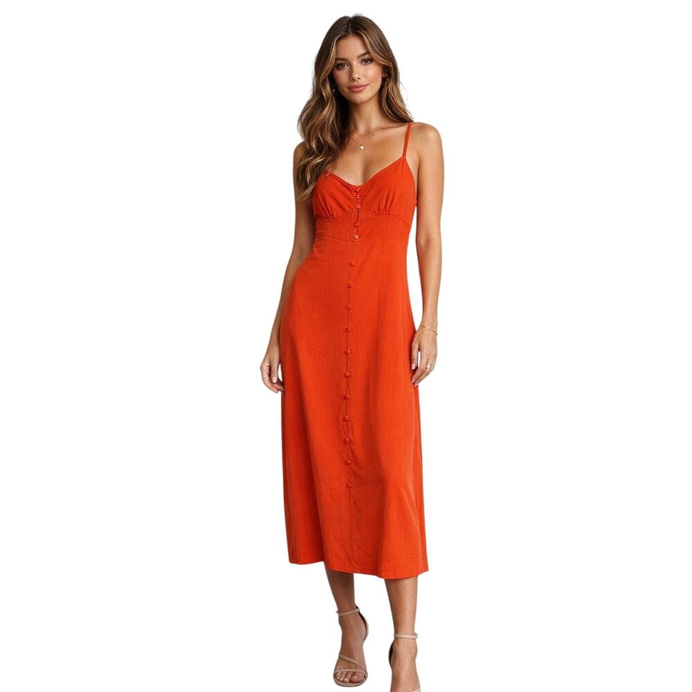 Monteau Los Angeles Linen Midi Dress S Women Burnt Orange Coral Smocked Sundress